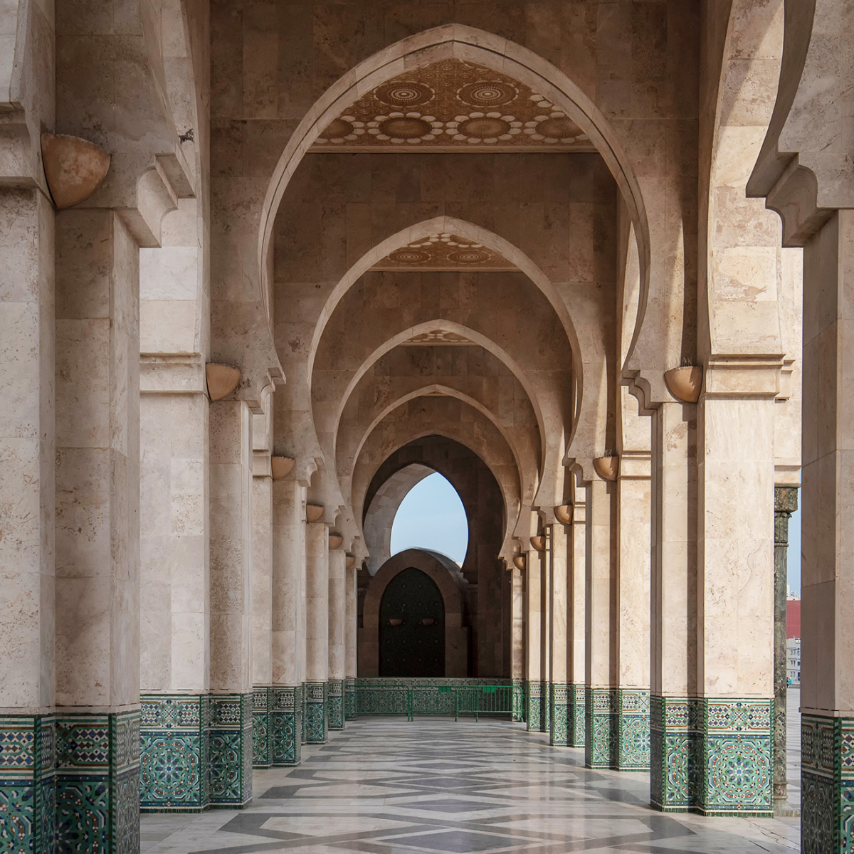 Arches path way on The Hassan II Mosque in Casablanca, Morocco..